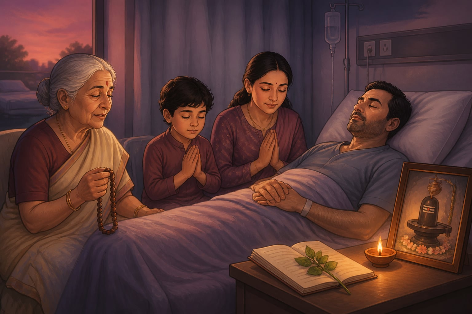 An Indian family chanting the Mahamrityunjaya at a hospital bedside