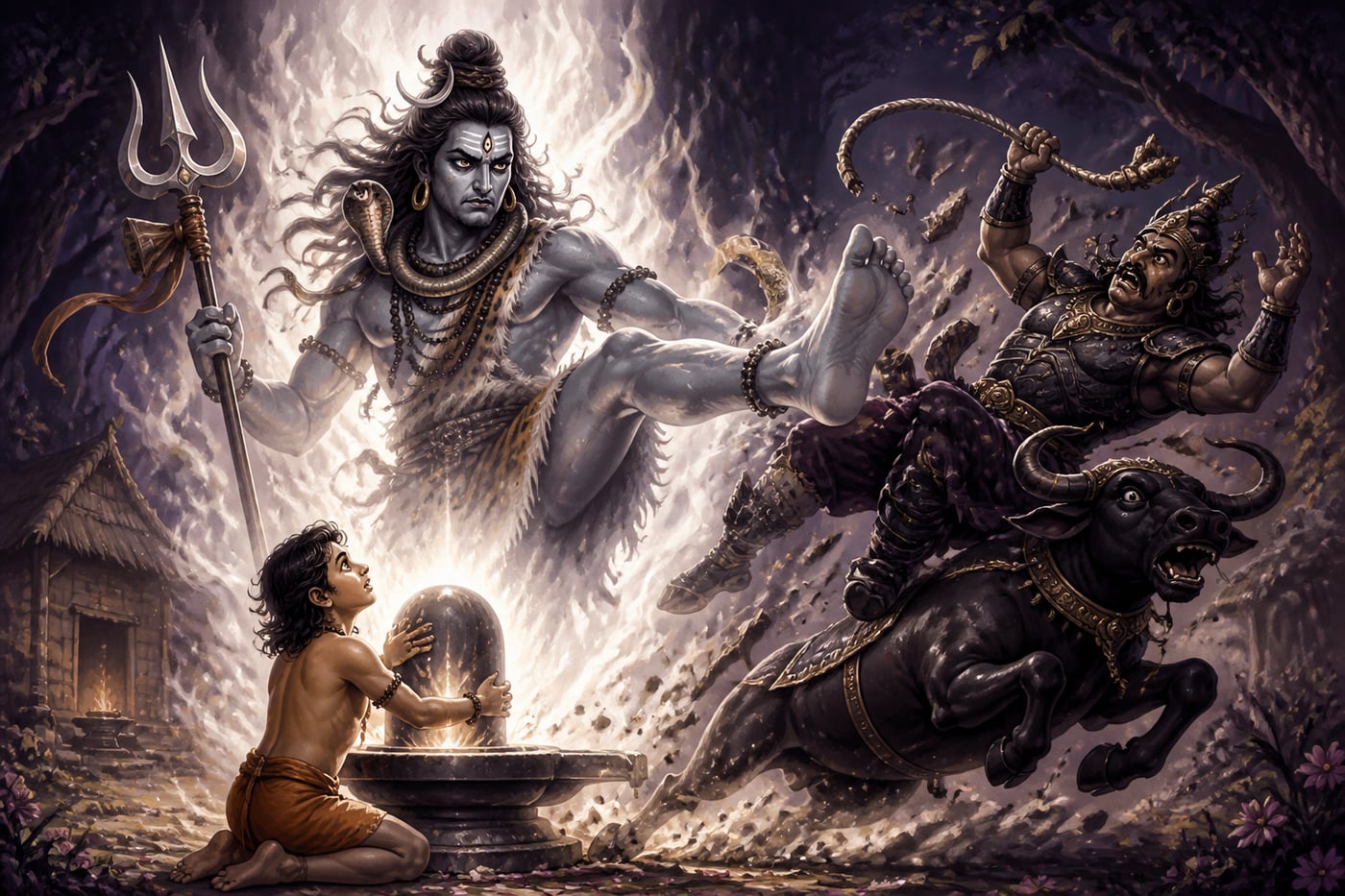 Shiva as Mahakala bursting from the linga to kick Yama from his buffalo