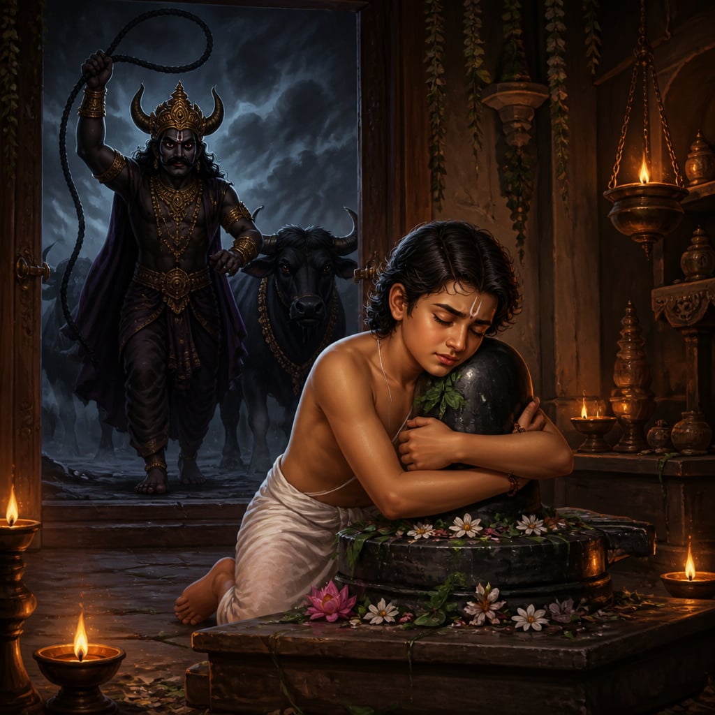 The boy Markandeya clutching a black Shiva linga as Yama's noose falls around them both