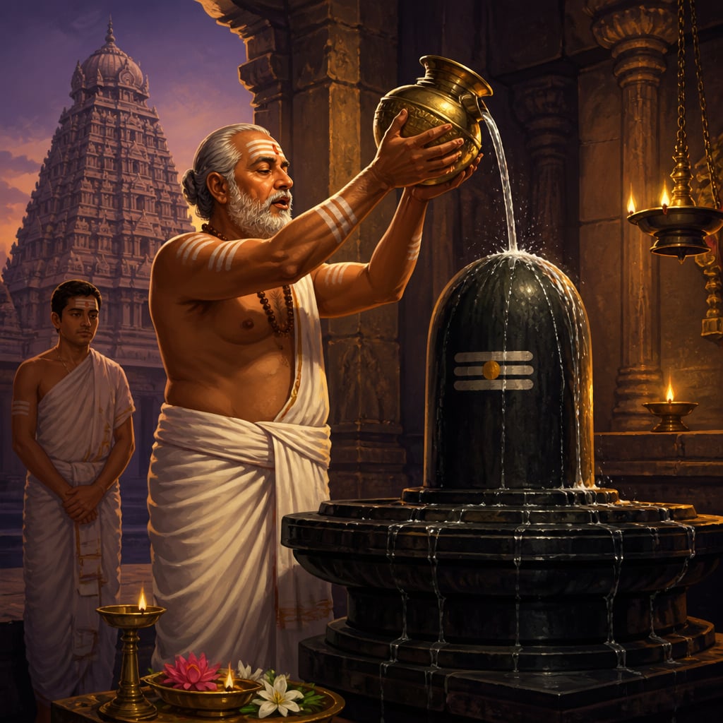 A senior priest pouring water from a brass kalasha over the linga at Brihadeeswara temple, Thanjavur