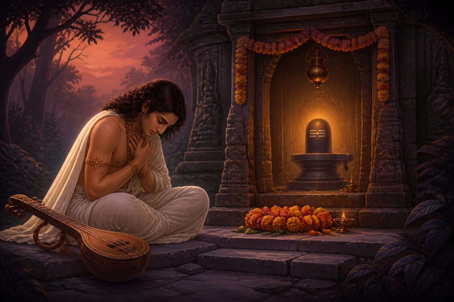 Pushpadanta composing the Shiva Mahimna Stotram in shame at a forest shrine