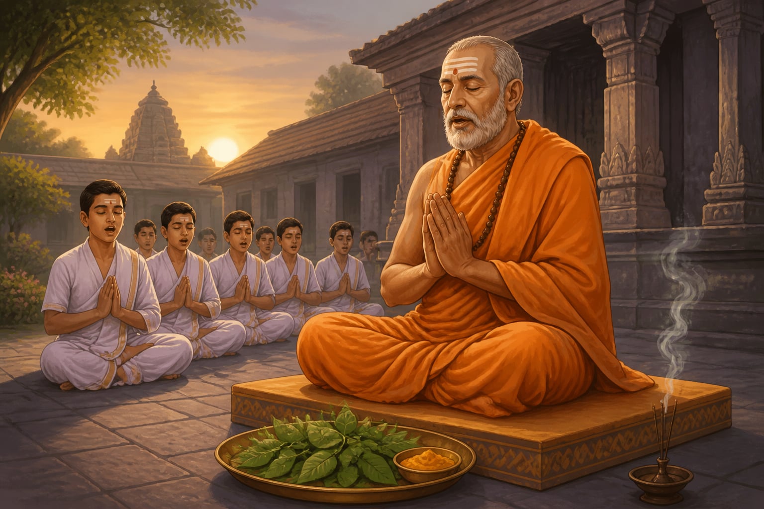 The Sringeri acharya chanting the Shri Rudram with disciples at dawn