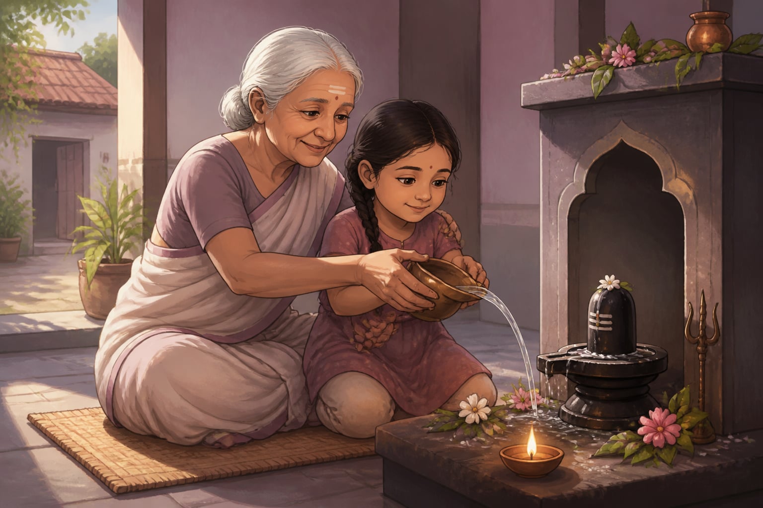 A grandmother teaching her granddaughter the household abhisheka