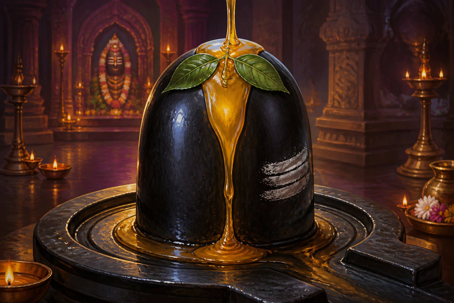 Honey streaming over the black Shiva linga with bilva leaves and ash
