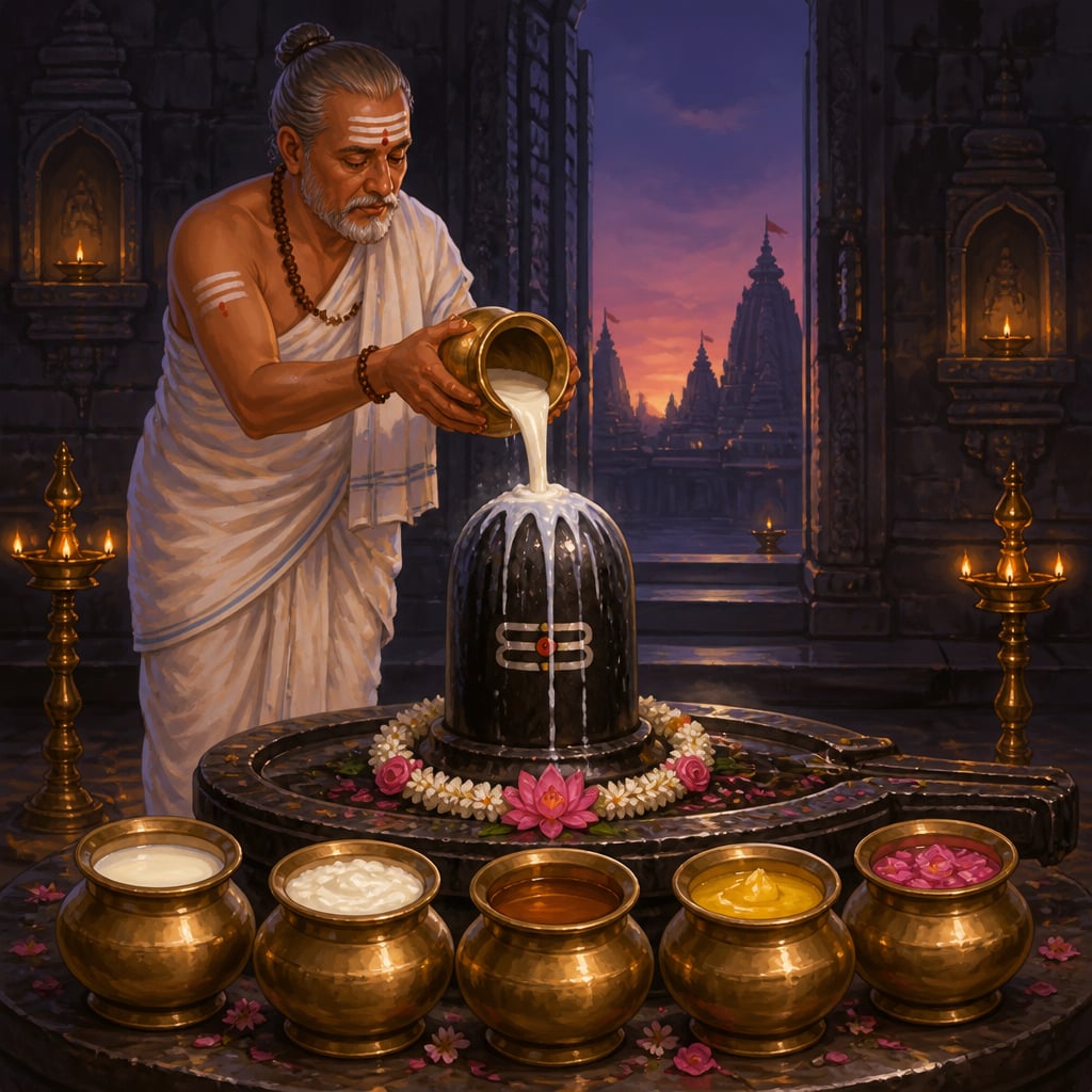 A senior priest at Mahakaleshwar with five brass pots of milk, curd, honey, ghee and rose water arrayed for abhisheka