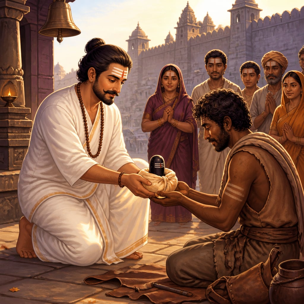 Basavanna placing a small black linga wrapped in cloth into the trembling cupped hands of a leather worker