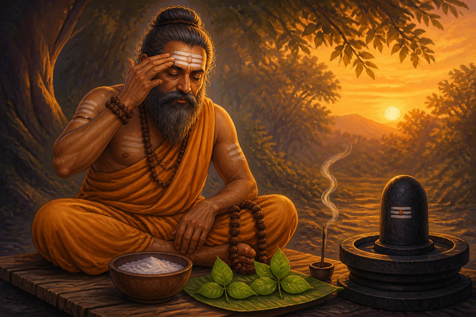 A Shaiva sadhu applying bhasma with bilva leaves and rudraksha beside him