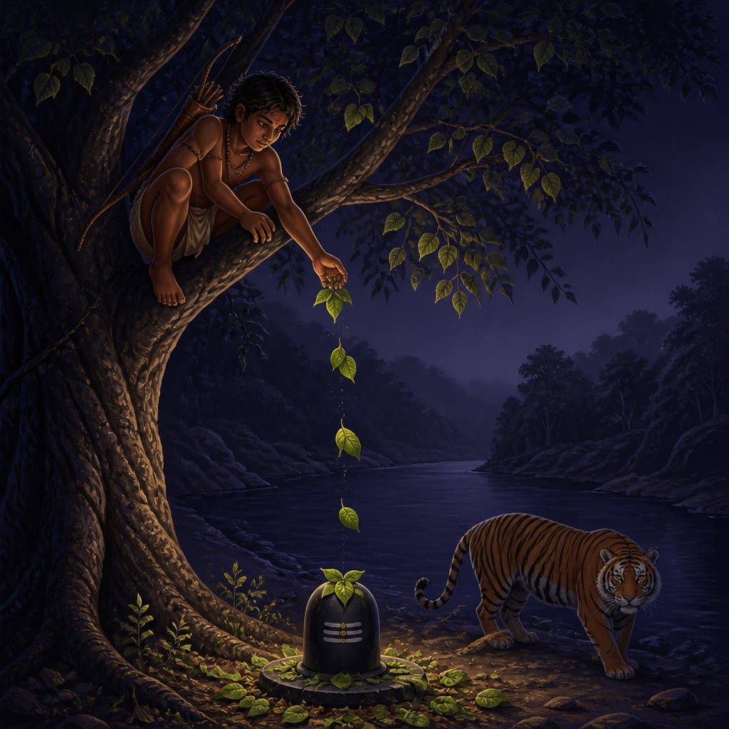 Chitrabhanu the Shabara hunter perched in a bilva tree above the Narmada, plucking three lobed leaves through the night