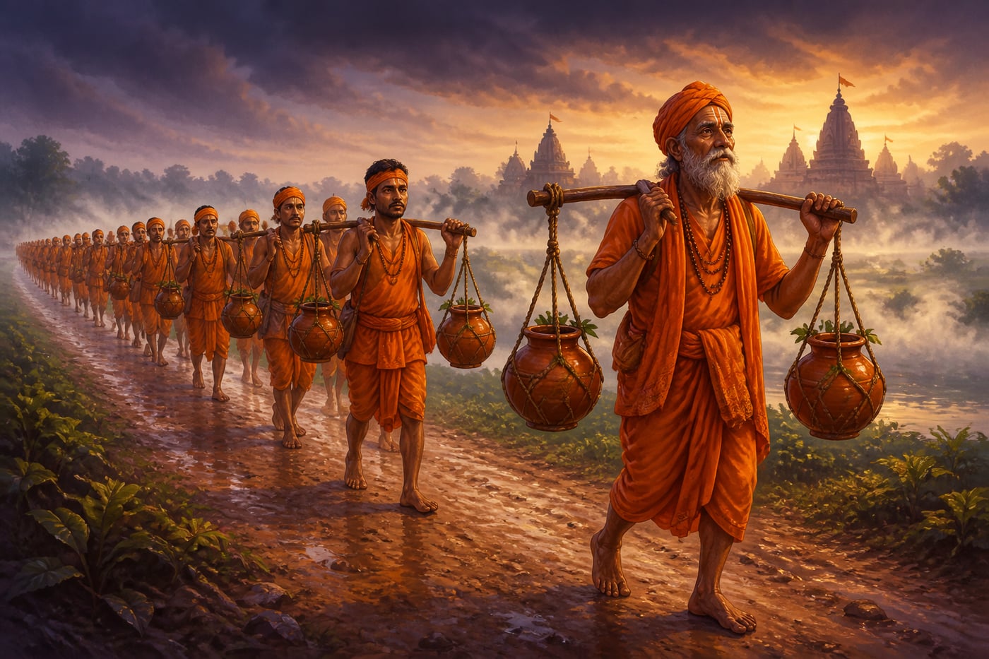 Kanwar Yatra pilgrims walking barefoot at Shravan dawn