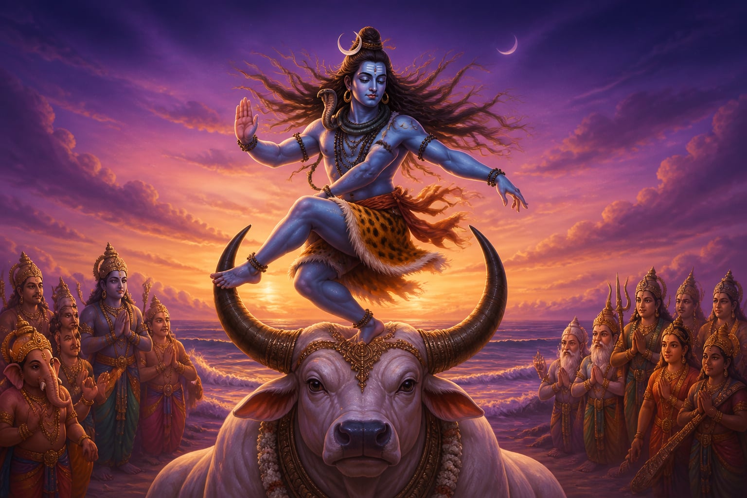 Shiva dancing between Nandi's horns at Pradosham twilight