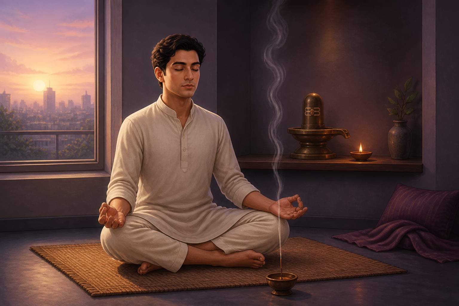 A modern householder in the gap-between-breaths meditation at dawn