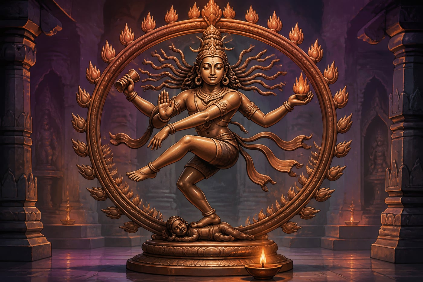 The Nataraja icon, still face inside the cosmic dance