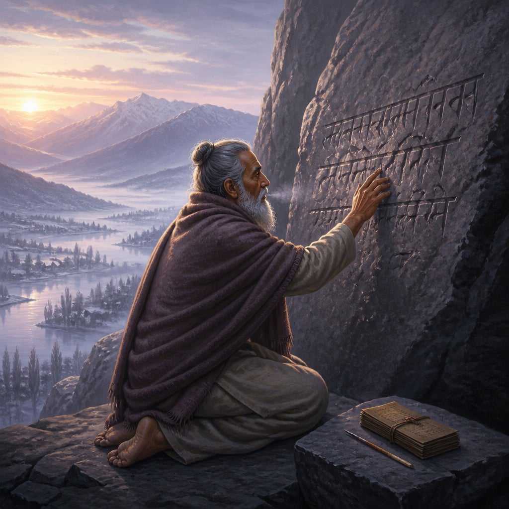 Vasugupta kneeling before a flat stone face on Mahadeva mountain, tracing the freshly revealed Shiva Sutras at first dawn