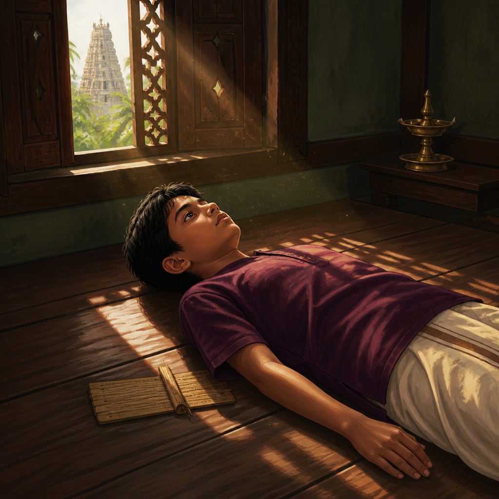 Sixteen-year-old Venkataraman lying still on the wooden floor of a Madurai upper room, watching his own fear of death dissolve.