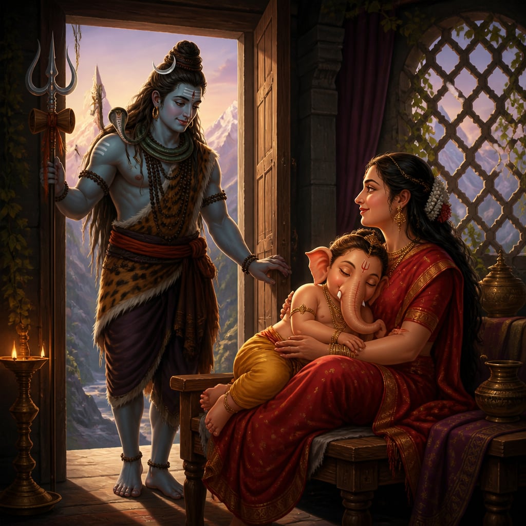 Shiva with cremation-ground ash on his cheek returning to Kailasa at dawn, smiling at Ganesha asleep on Parvati's shoulder.