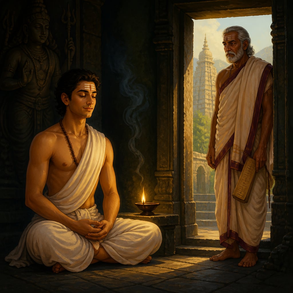 Young Ramana Maharshi seated motionless against a stone pillar in the Arunachaleshwara temple, ants crawling unbothered across his feet.