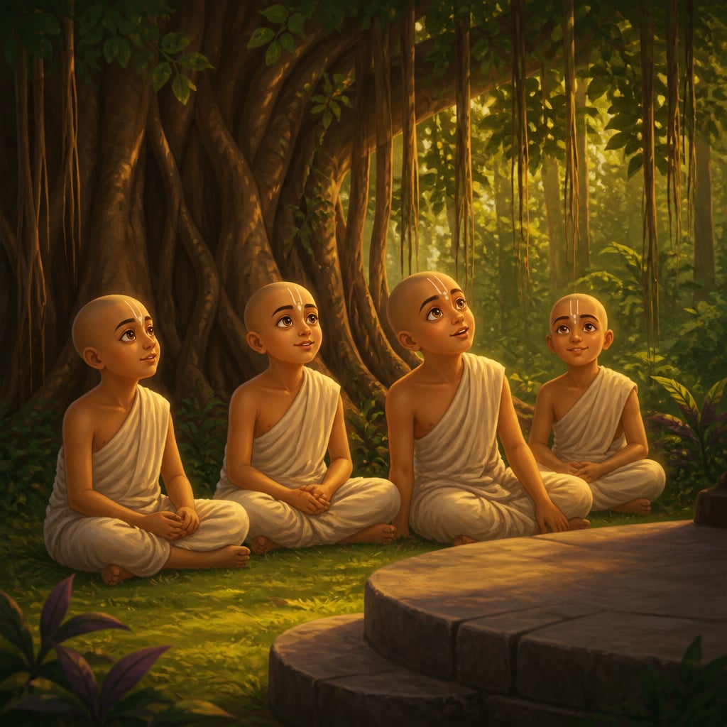 Young south-facing Shiva seated under a banyan in chinmudra before the four child-sage Kumaras, teaching them in silence.