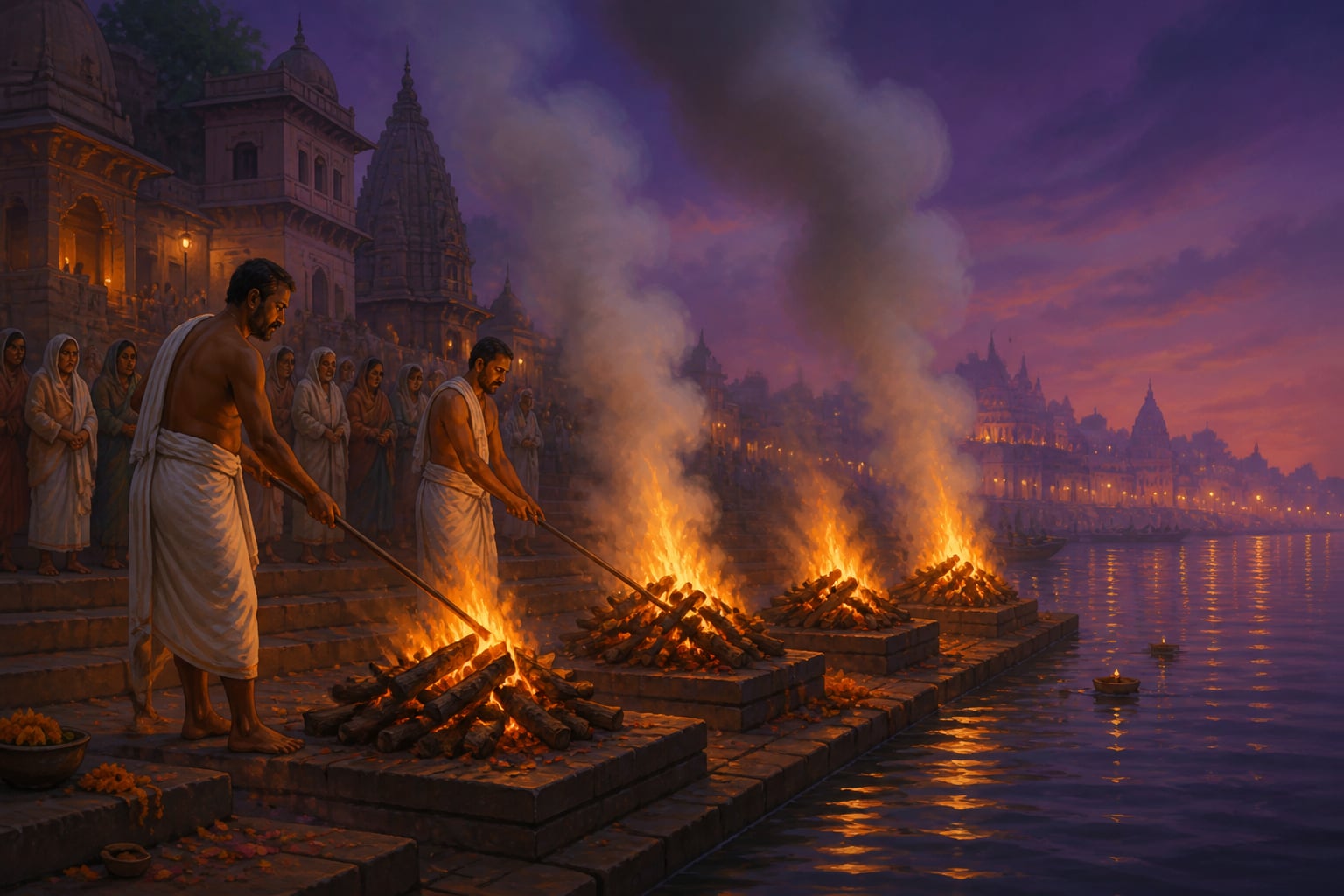 Dom community tending fires at Manikarnika