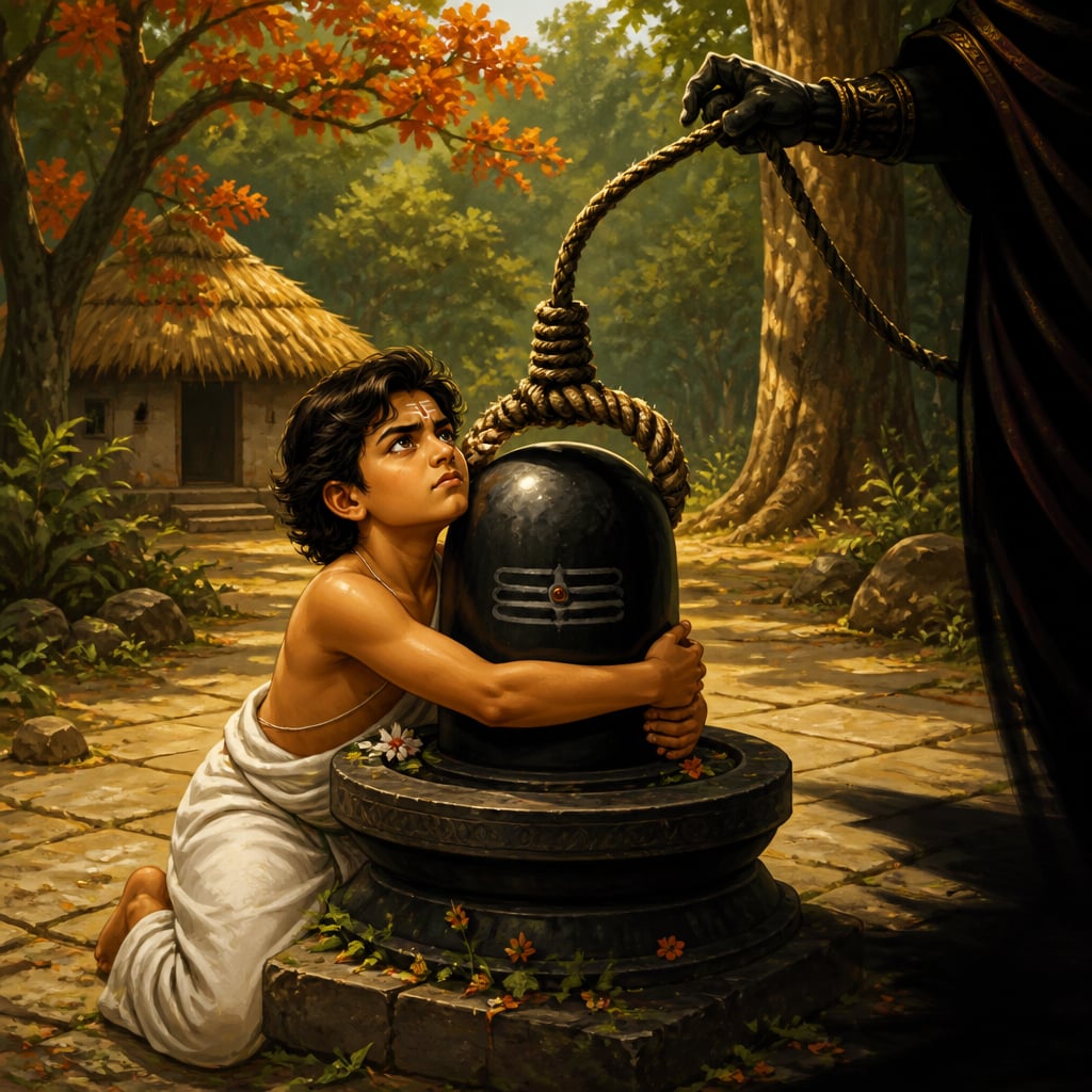 Sixteen-year-old Markandeya wrapping both arms around the small dark Shivalinga, eyes closed, chanting Om Namah Shivaya.
