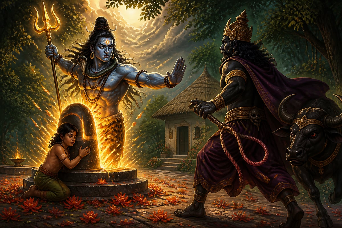 Shiva bursts from the linga to halt Yama
