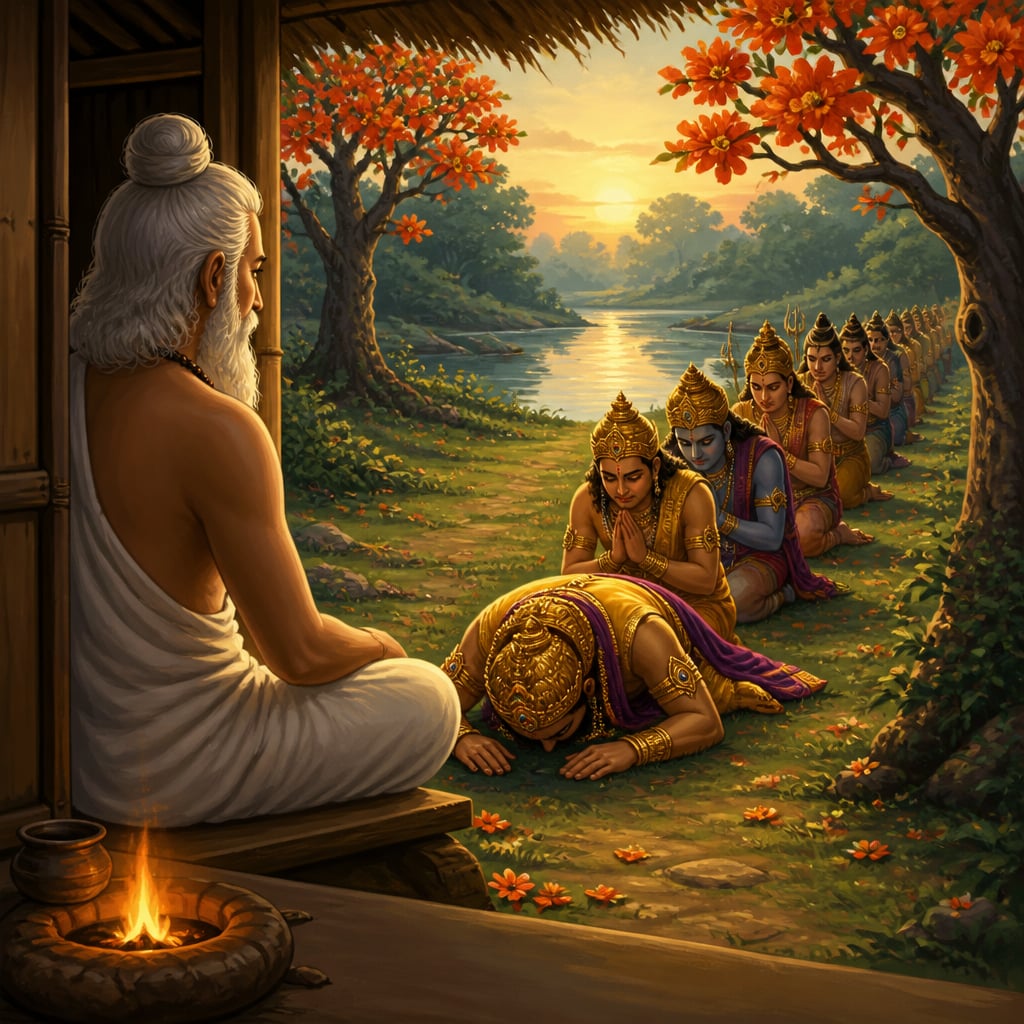The sage Dadhichi in bark cloth at the door of his Saraswati-bank hermitage, hearing the footsteps of the gods approaching.