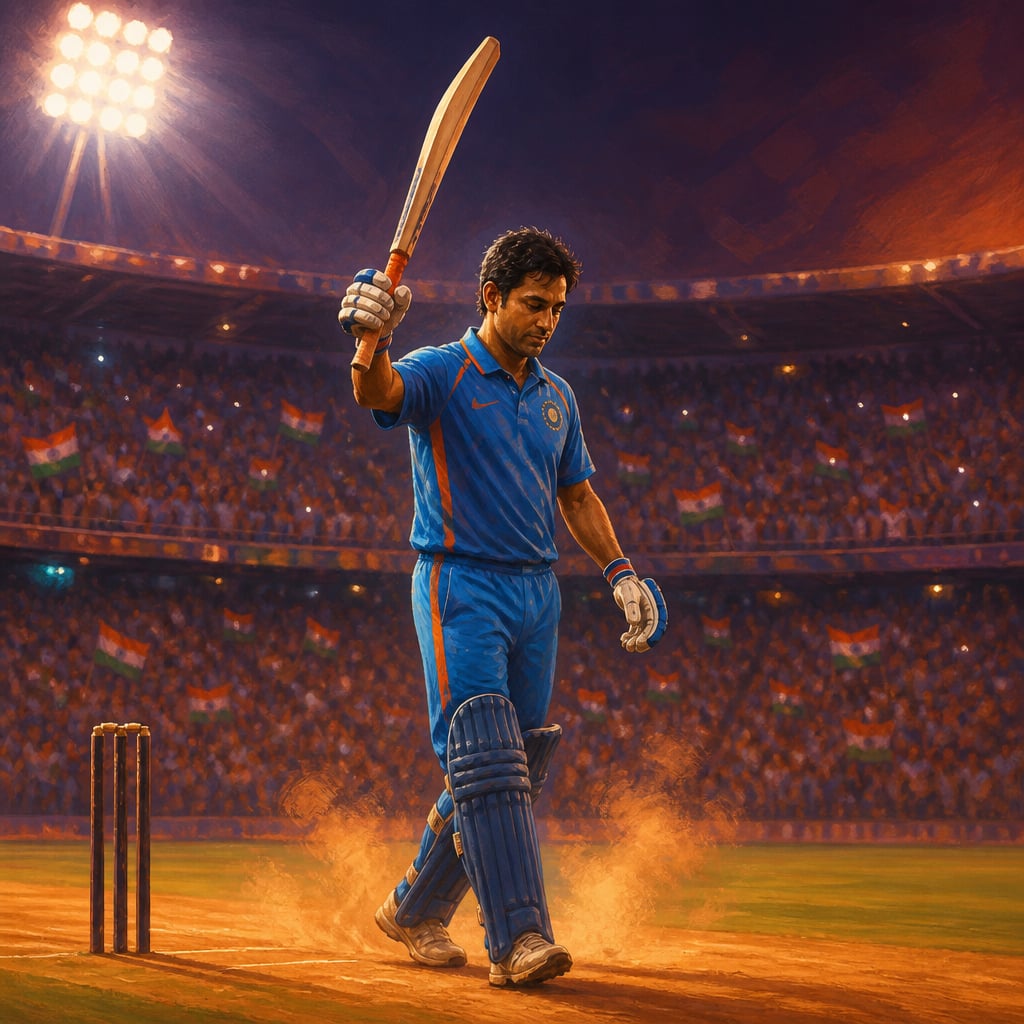 MS Dhoni at Wankhede after the winning six, twirling the bat in his right hand