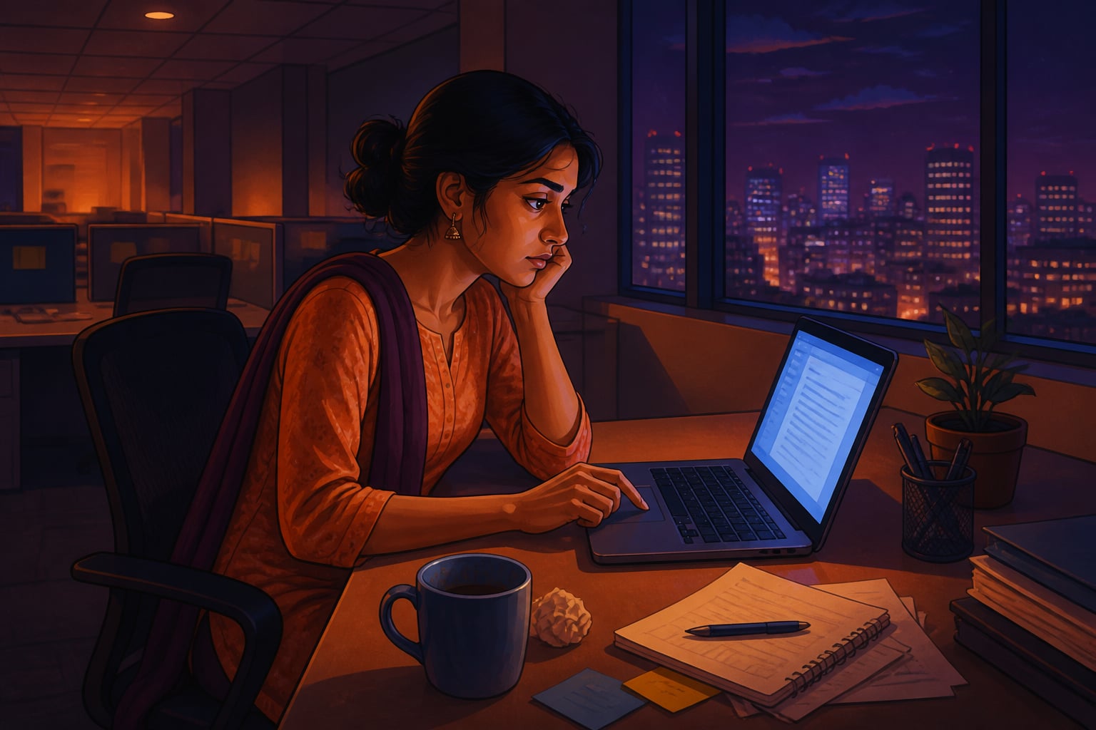 A late-night office desk in Bengaluru