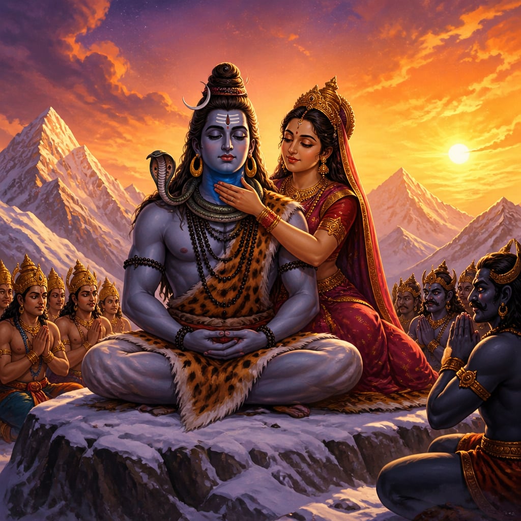 Shiva as Neelkantha, the halahala poison held at his blue-stained throat