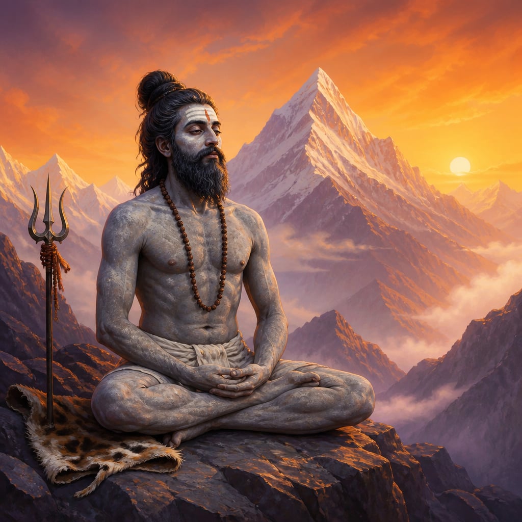 Ash-smeared yogi Shiva with his minimal kit of bull, deer-skin, axe and skull-cup