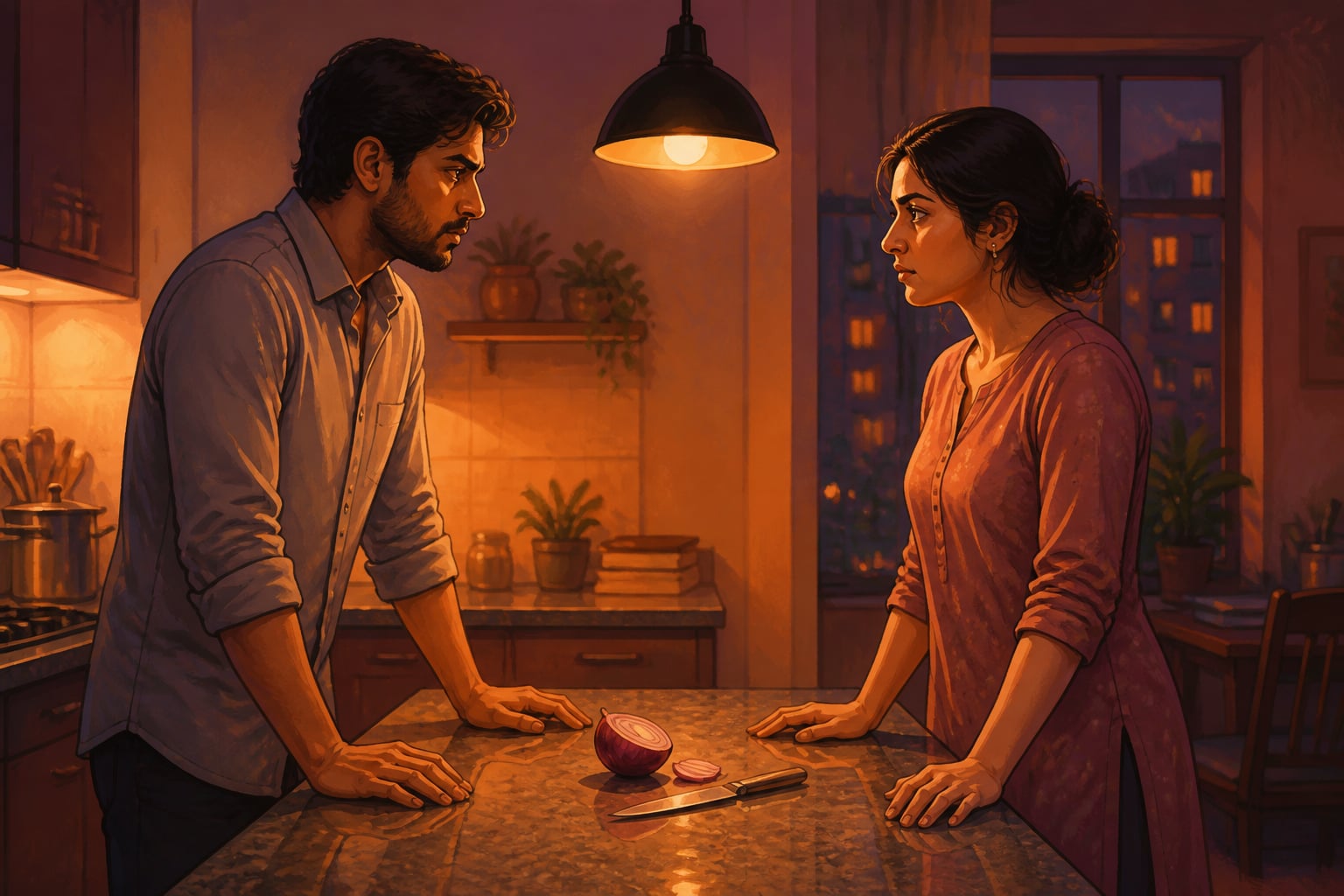 A couple on opposite sides of a kitchen counter