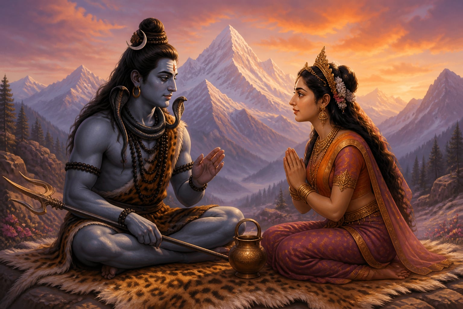 Shiva and Parvati in dialogue on Kailasa