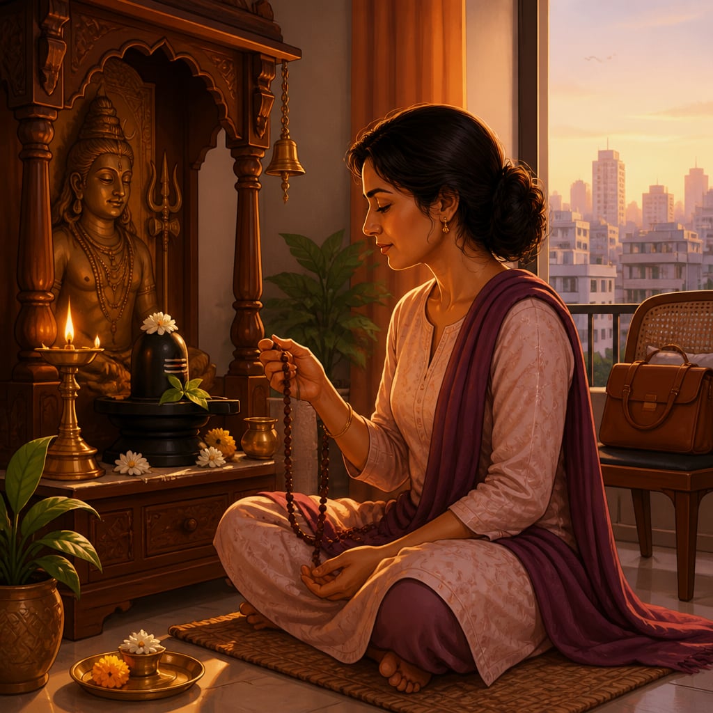 Lakshmi at her morning home shrine with a small marble Shivalinga, brass lamp and rudraksha mala