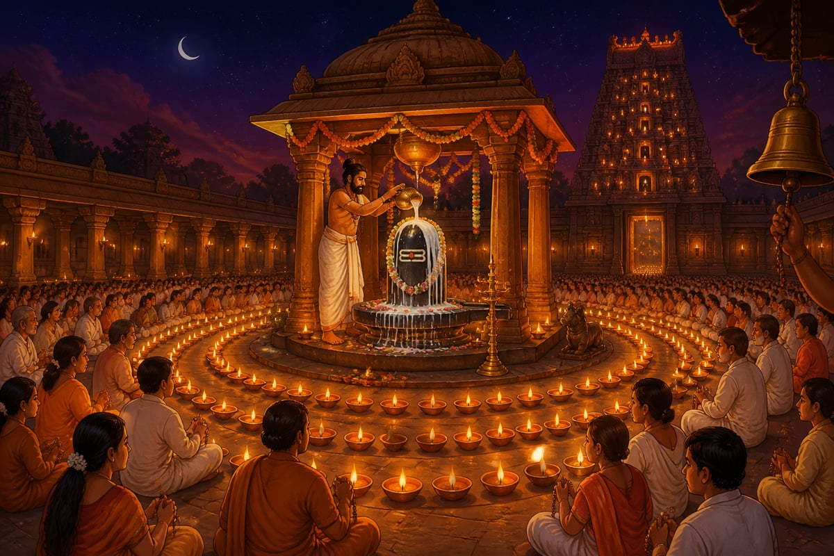 Mahashivaratri vigil with lamps around the linga