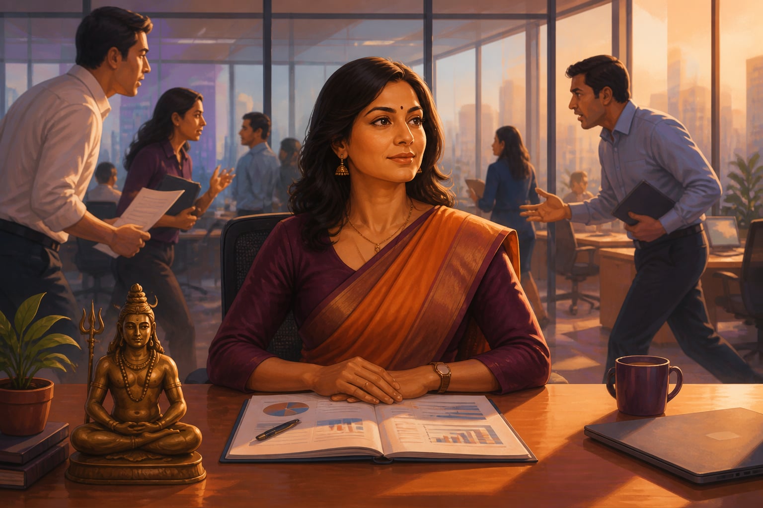 A composed worker at a busy office desk