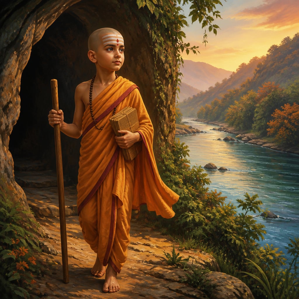 Young Shankara as a boy arriving alone at Govinda Bhagavadpada's cave on the Narmada