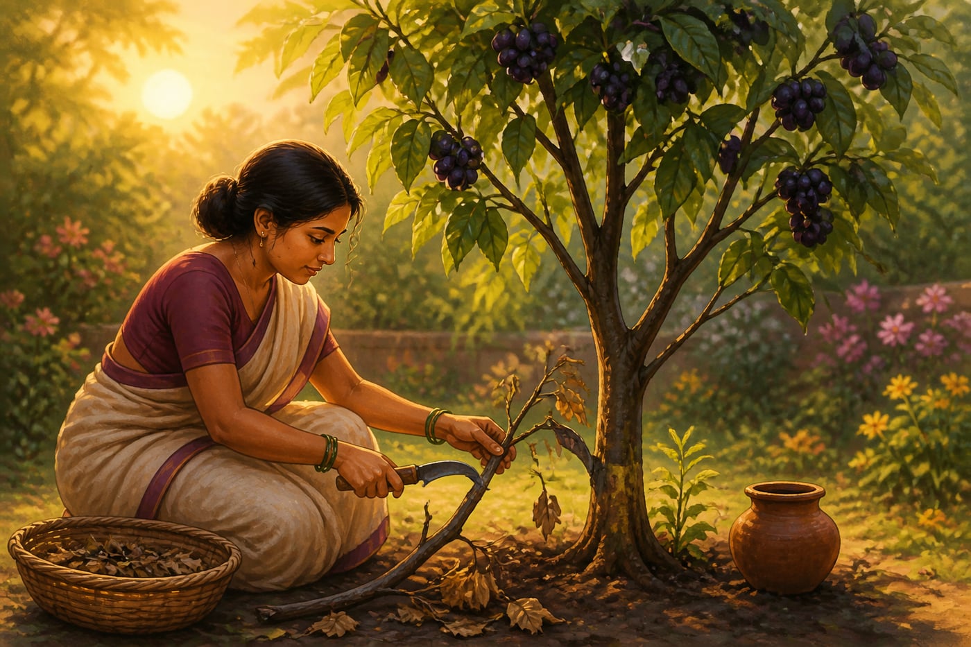 A gardener pruning a flowering tree