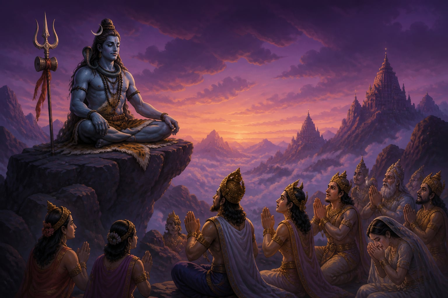 Shiva on a high crag with devas supplicating
