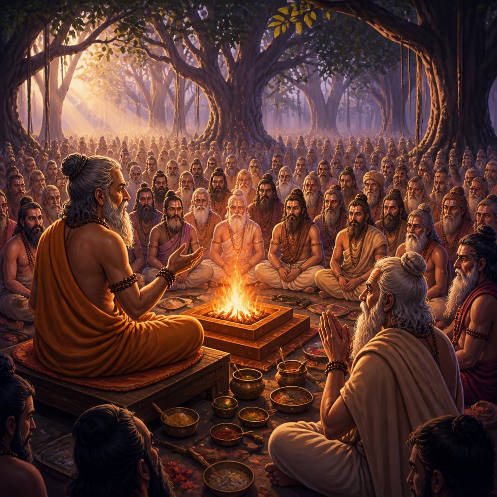 Suta Goswami seated before sages at the Naimisharanya yajna fire