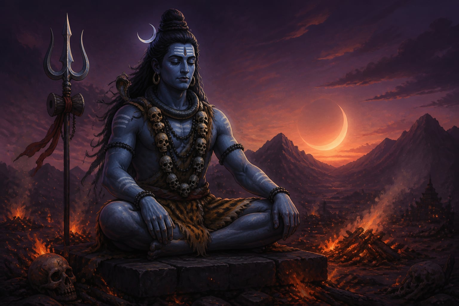 Shiva at the cremation ground in ash and skulls