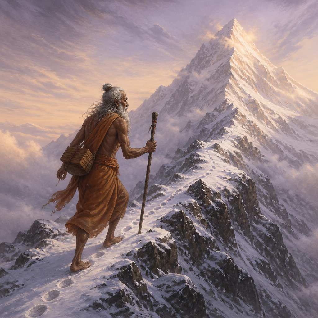 Shukracharya climbing alone along a snow-blown ridge of Kailasa