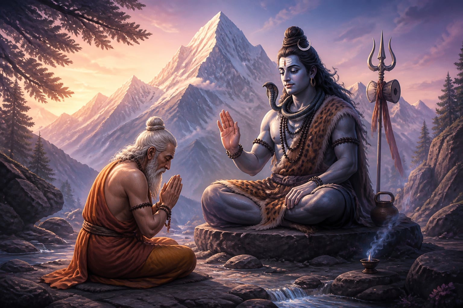 Shiva granting the vidya to bowed Shukracharya