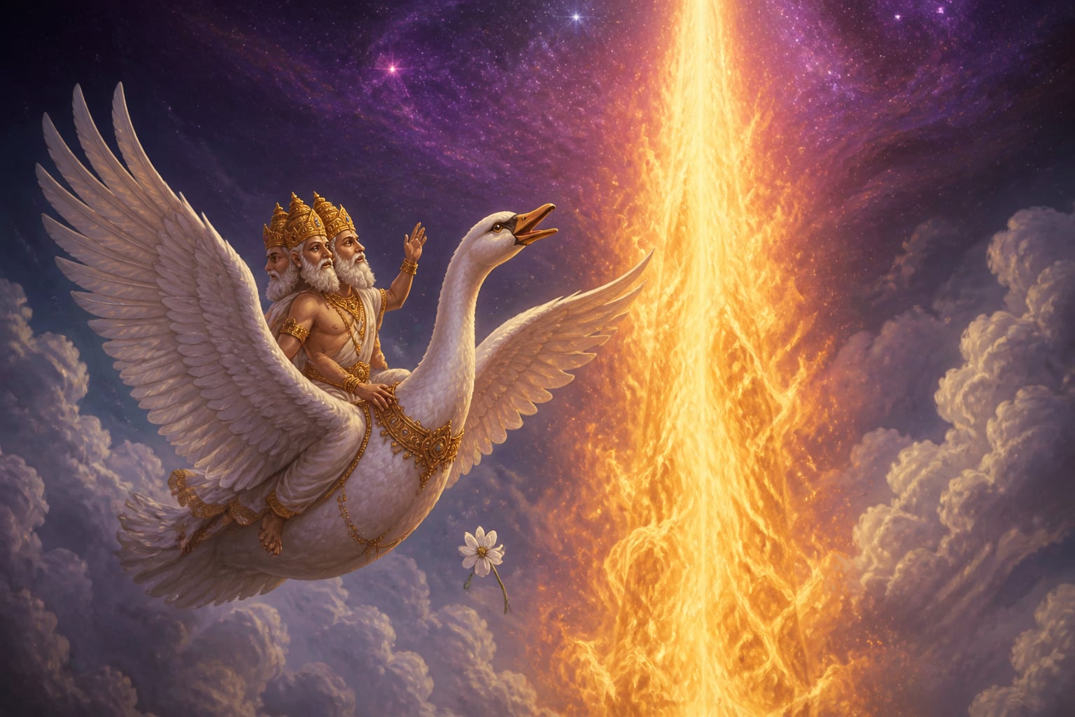 Brahma as a white swan beside the falling ketaki