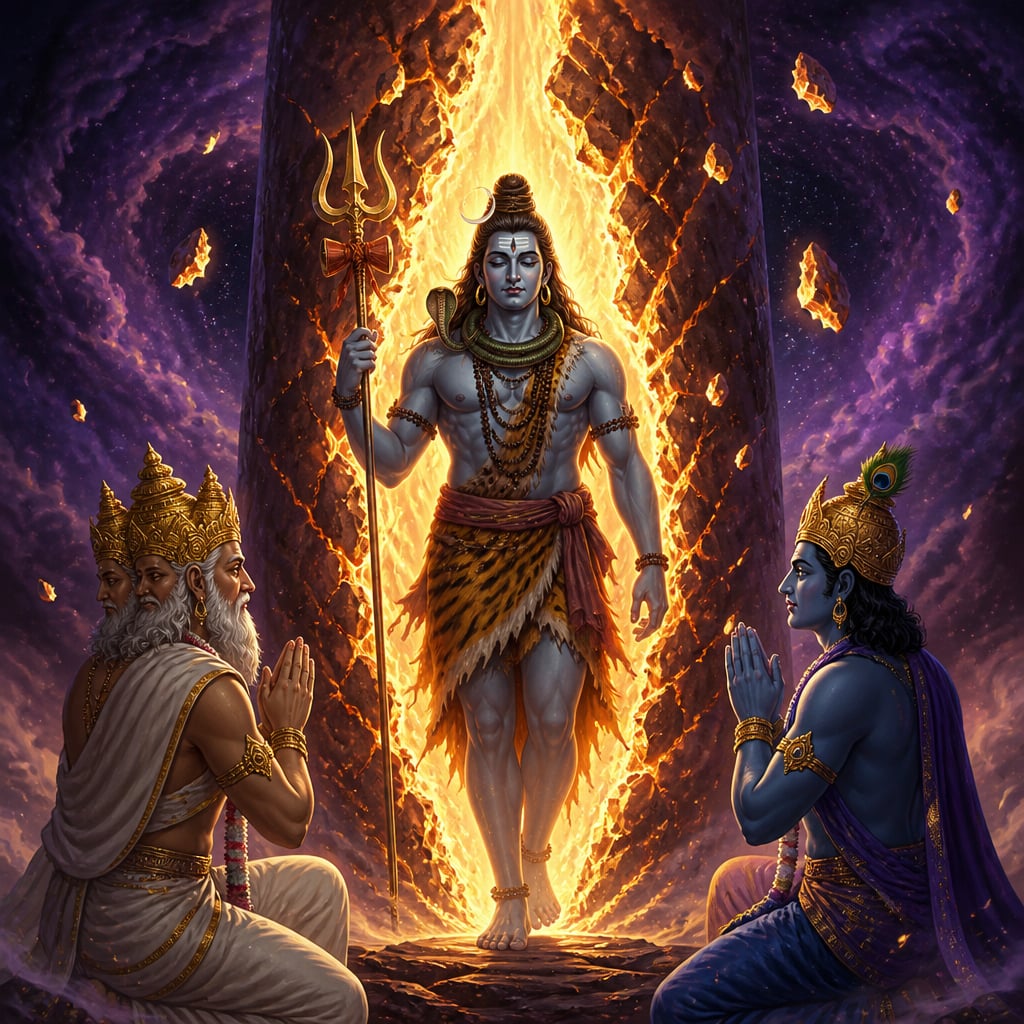 Shiva emerging from the cosmic pillar of fire before Brahma and Vishnu