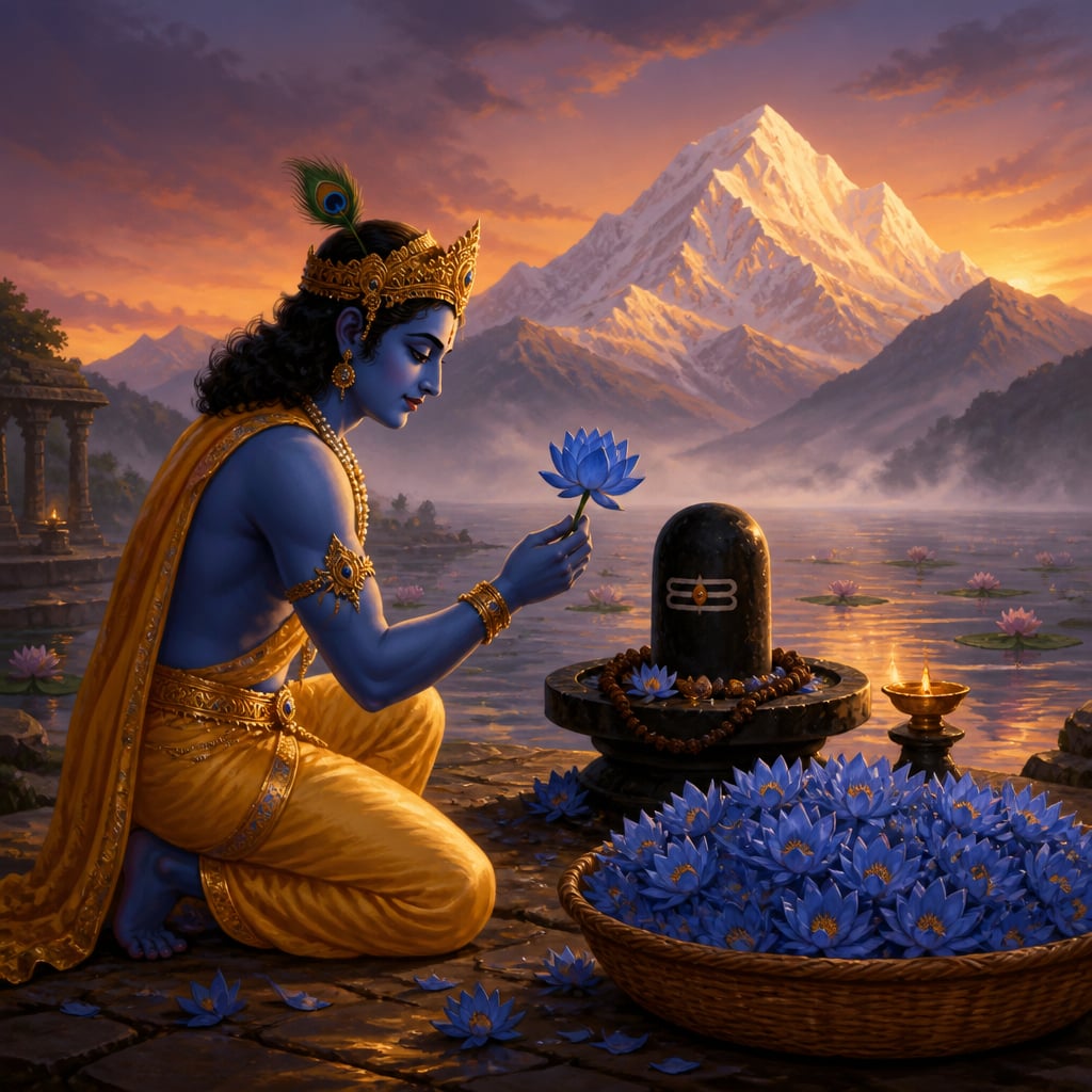 Vishnu offering lotuses to a Shiva linga at dawn beside Manasarovar