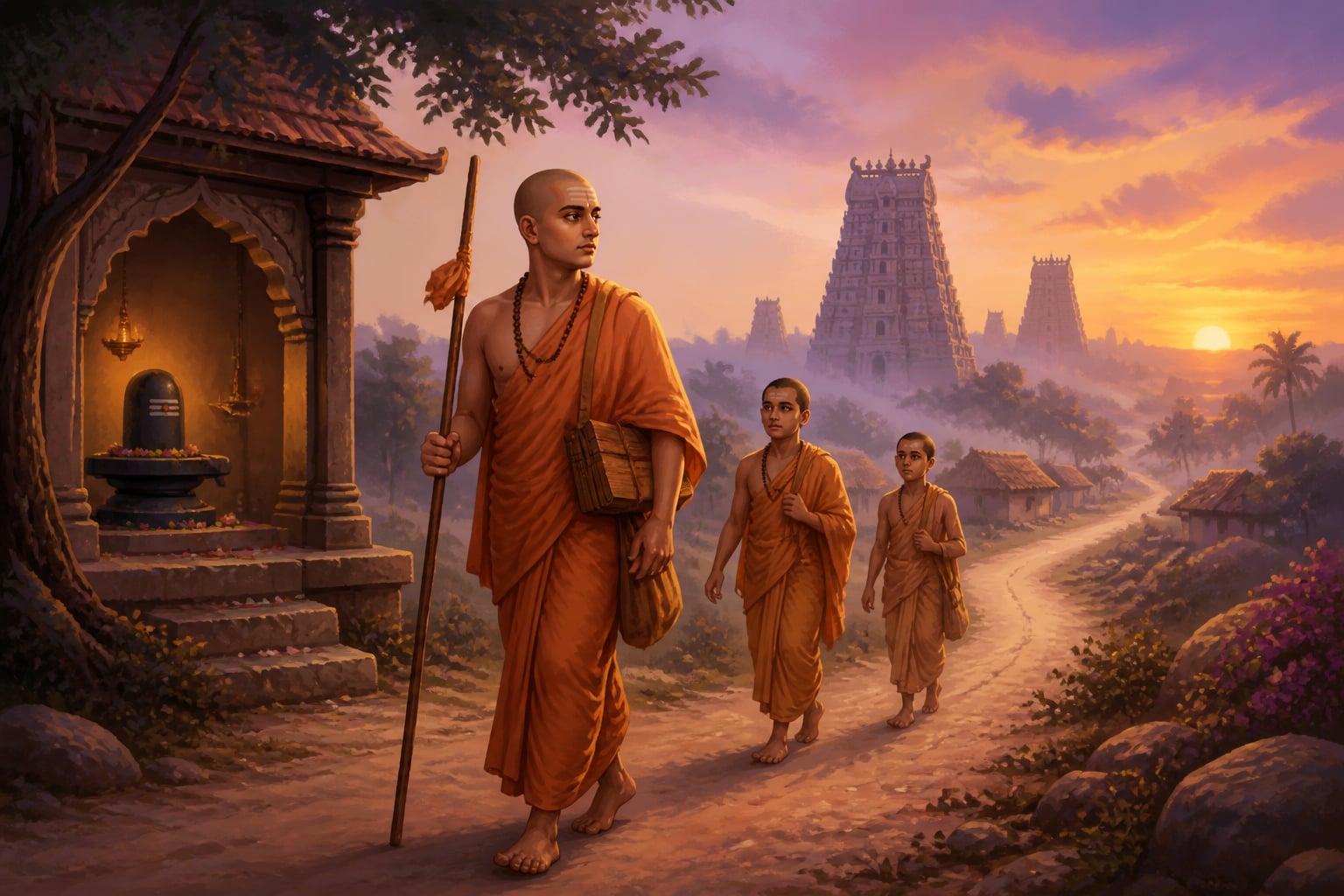 Adi Shankaracharya walking past a village shrine