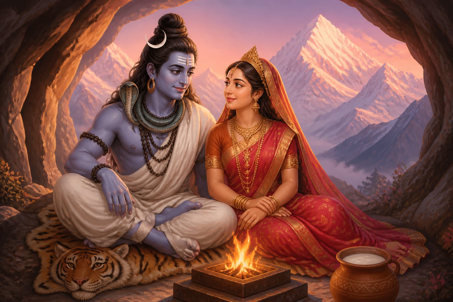 Shiva and Parvati seated together at Kailasa