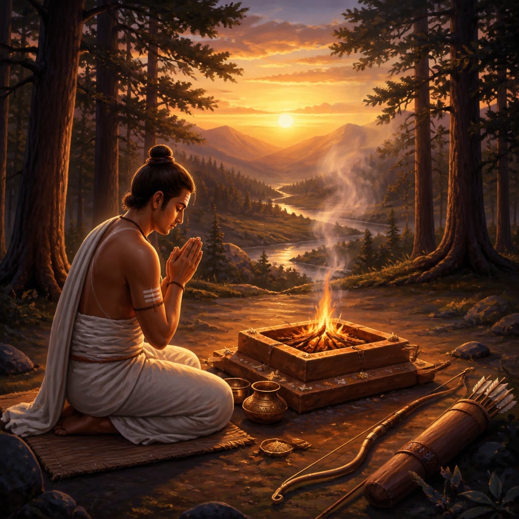 Vedic priest chanting the Shri Rudram at a forest fire altar at dawn