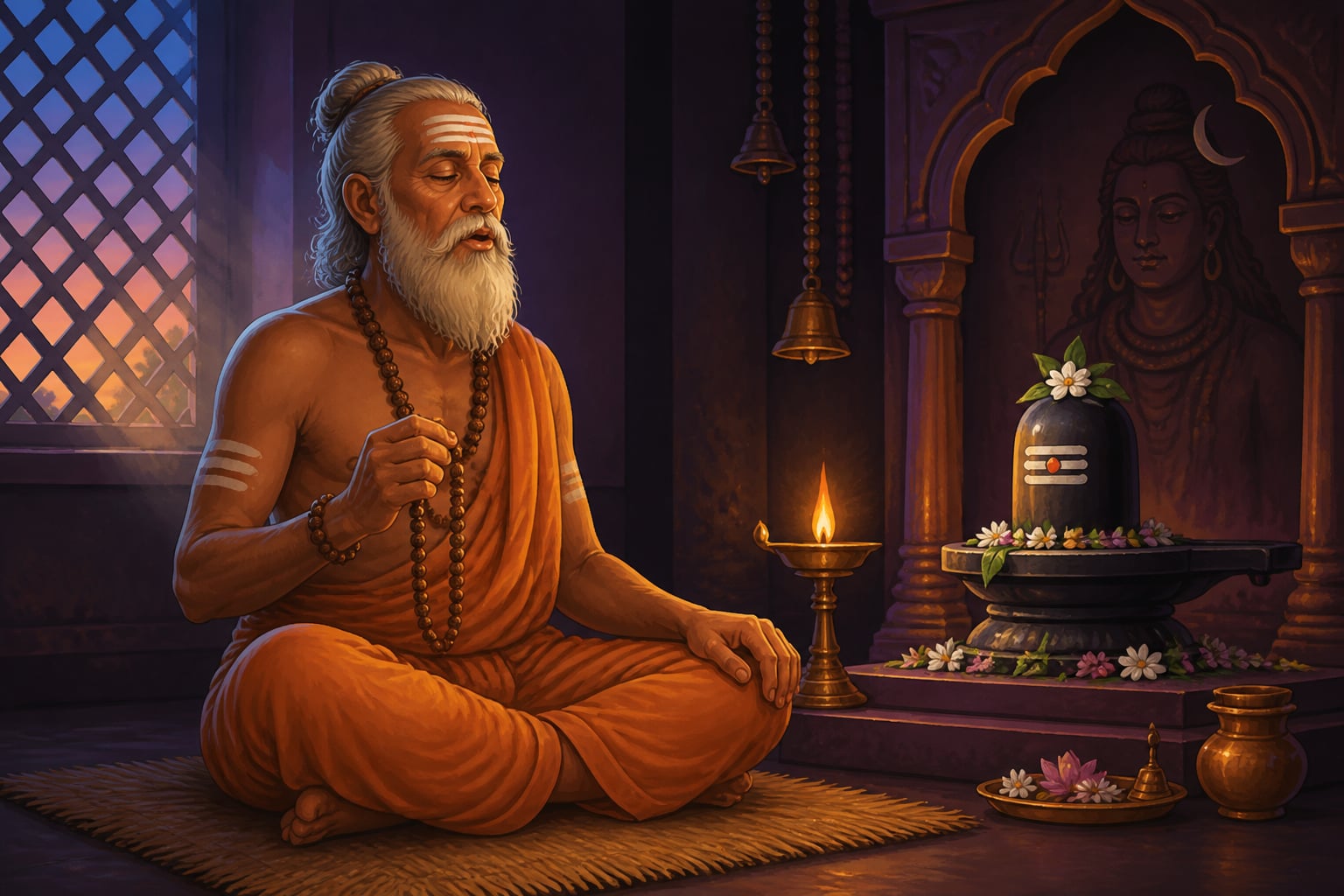 An elderly devotee chanting before a Shiva shrine