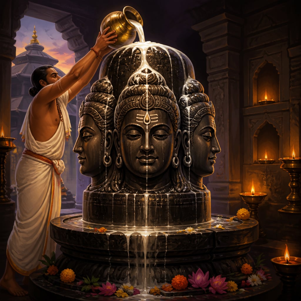 Chief priest bathing the Panchamukha linga in the Pashupatinath sanctum