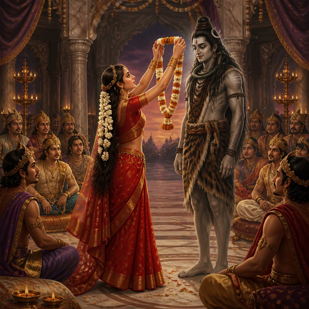 Sati at her swayamvara lifts the garland into empty air as Shiva materializes before her in tiger skin and serpents.